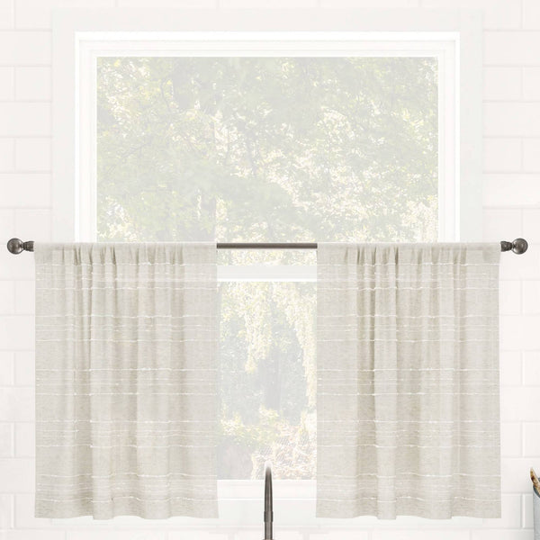 Clean Window Textured Slub Stripe Anti-Dust Linen Blend Sheer Cafe Curtain Pair - 52" x 36"