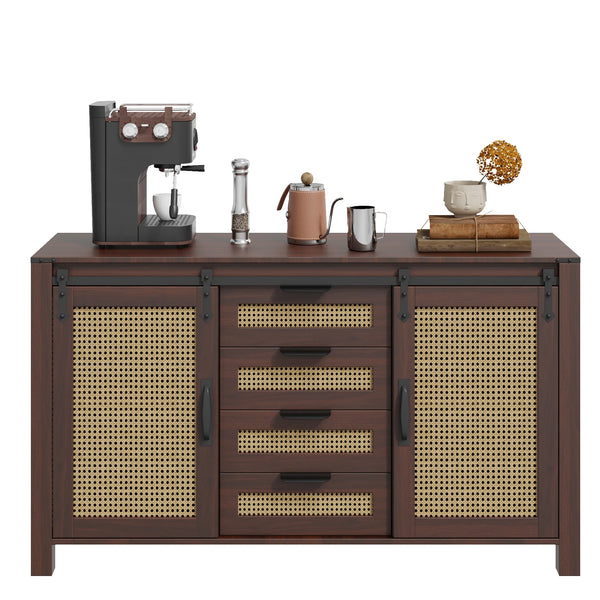 AECOJOY Farmhouse Sideboard Buffet Cabinet with Storage, Rattan Kitchen Cabinet w/Sliding Barn Doors & 4 Drawers