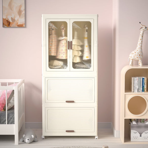 Montary Kids Portable Wardrobe W/ Magnetic Doors & Hanging Rod - 4 - Cube Plastic Storage Cabinet, Nursery/Bedroom