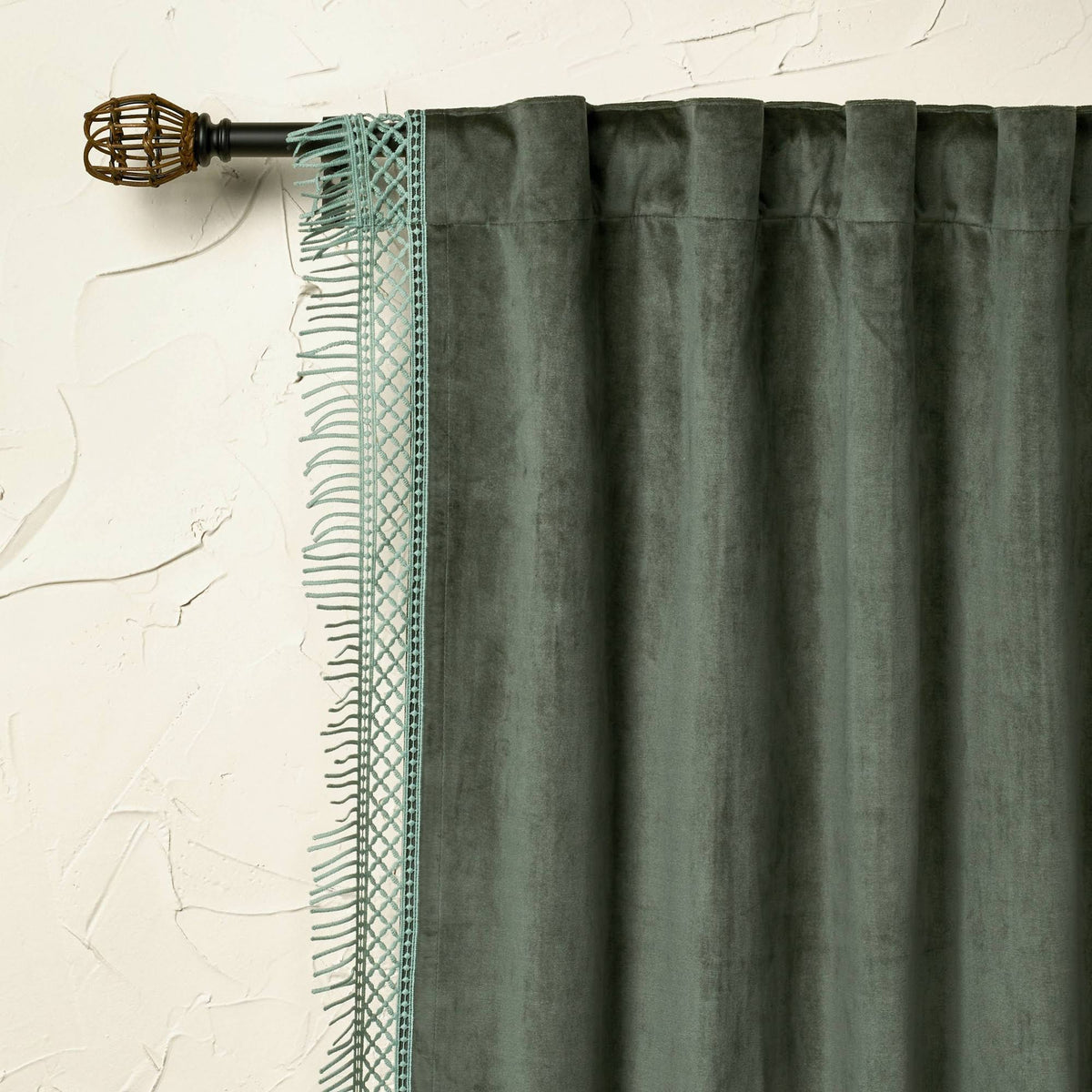 1pc 54"x63" Light Filtering Velvet Macrame Trim Window Curtain Panel Teal - Opalhouse Designed with Jungalow