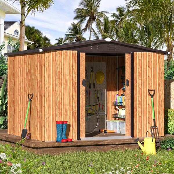 U - MAX 8 x 6 Ft. Wood Grain Outdoor Metal Storage Shed with Lockable Door Patio Garden Storage Building for Outside