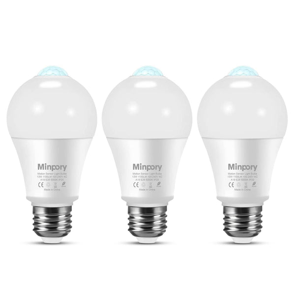 Minpory Motion Sensor Light Bulbs, 13W(100W Equivalent) Motion Detector Auto Activated Dusk to Dawn Security LED Bulb, A19 E26 5000K Daylight